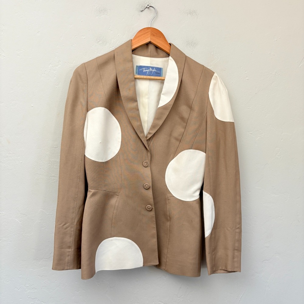 Thierry Mugler Vintage Polka Dot Suit Skirt Set Women Size 40 Beige White Flaws - Picture 2 of 16